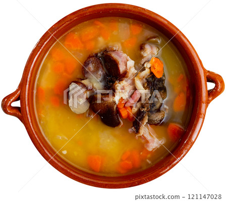 Pea soup with meat served in bowl Pea soup with meat served in bowl 121147028