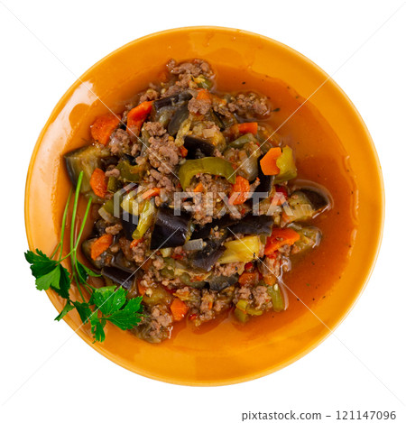 Delicious vegetable stew with minced meat, served for dinner 121147096