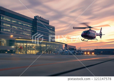 Helicopter Landing at Medical Facility During Sunset Helicopter Landing at Medical Facility During Sunset 121147578