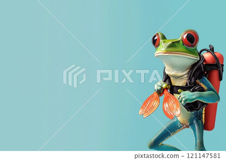A Stylish Frog in Diving Gear Holding Flippers Against a Soft Background A Stylish Frog in Diving Gear Holding Flippers Against a Soft Background 121147581