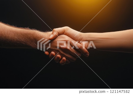 Close-up of Two Hands Shaking in Agreement Against a Dark Background with Light Effect Close-up of Two Hands Shaking in Agreement Against a Dark Background with Light Effect 121147582