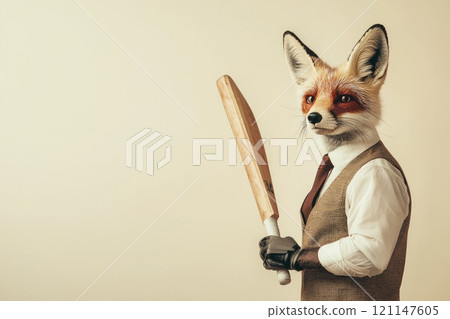 Dapper Fox in Cricket Attire Holding a Bat Against a Neutral Background 121147605