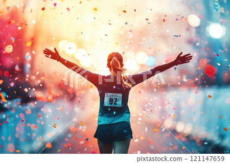 Inspirational Moment of Female Runner Celebrating Victory with Colorful Confetti in Urban Setting Inspirational Moment of Female Runner Celebrating Victory with Colorful Confetti in Urban Setting 121147659