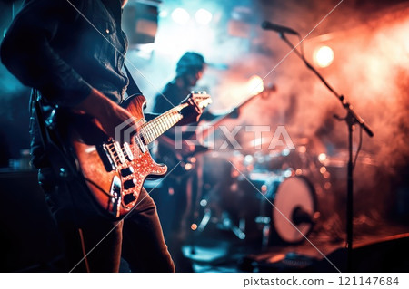 A man is playing a guitar on stage with a microphone in front of him A man is playing a guitar on stage with a microphone in front of him 121147684