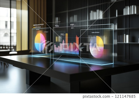 Holographic Data Visualizations with Pie Charts and Bar Graphs in Modern Office Space Holographic Data Visualizations with Pie Charts and Bar Graphs in Modern Office Space 121147685