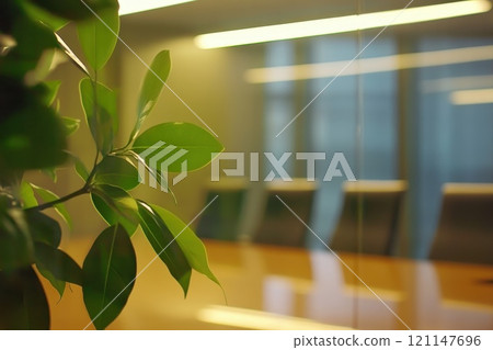 Defocused View of a Board Meeting Room with Bright Glass Wall and Green Leaf Background 121147696