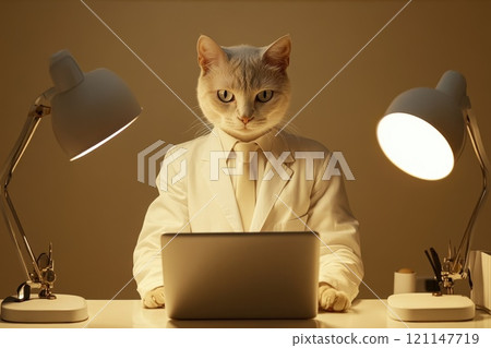 Elegant Humanoid Cat in a White Suit Sits Confidently in a Serene Office Environment 121147719