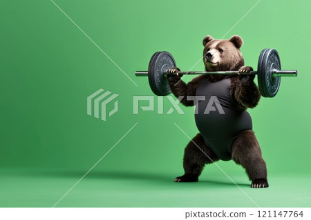 Hilarious Bear Lifting Weights in Workout Gear on Bright Green Background, Showcasing Fitness and Humor 121147764