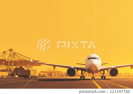 A white airplane is parked on the runway next to a large cargo container A white airplane is parked on the runway next to a large cargo container 121147780