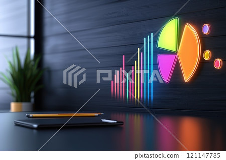 Group of Holographic Pie Charts and Bar Graphs on Modern Interior Desk Background 121147785