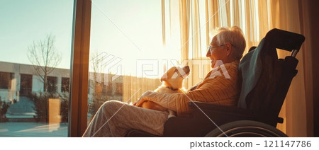 Senior Citizen in Wheelchair with Dog at Sunset Senior Citizen in Wheelchair with Dog at Sunset 121147786
