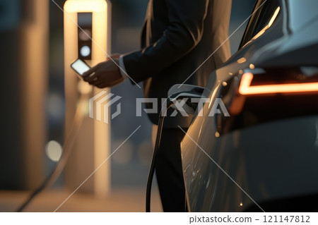 A man is charging his electric car at a charging station 121147812