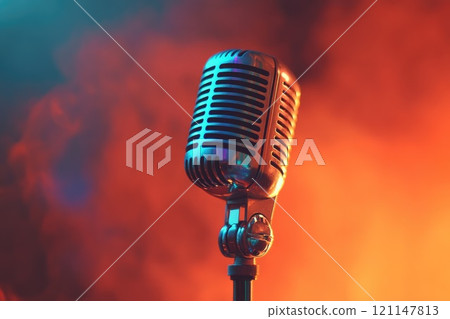 A microphone is on a stand in front of a red background A microphone is on a stand in front of a red background 121147813