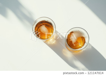 Two glasses of beer are sitting on a white table 121147814