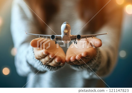 A woman is holding a small airplane in her hands A woman is holding a small airplane in her hands 121147823
