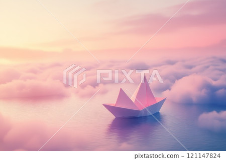 Paper Boat Sailing on a Tranquil Sea Amidst Dreamy Clouds at Sunset Paper Boat Sailing on a Tranquil Sea Amidst Dreamy Clouds at Sunset 121147824