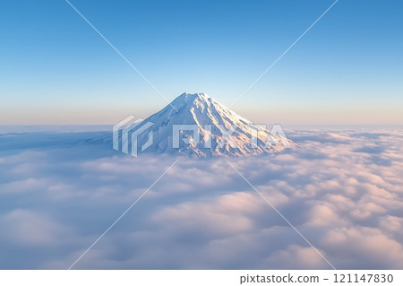 Majestic snow-covered volcano emerging above soft layers of clouds at dawn 121147830