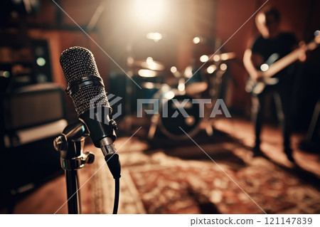 A microphone is in front of a drum set and a guitar A microphone is in front of a drum set and a guitar 121147839