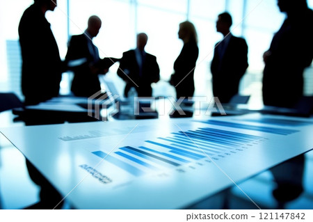 Collaborative Meeting Scene with Business Professionals Engaged in Financial Discussion and Analysis in Modern Office Environment 121147842