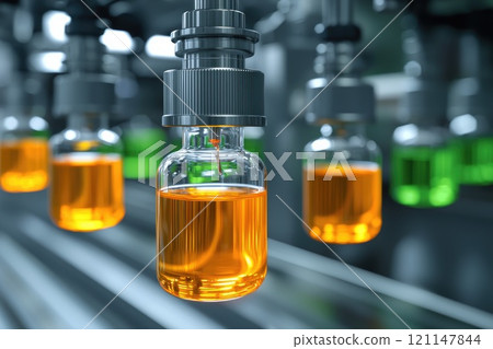 Detailed View of an Automated Robotic Arm Handling Bottles in a Modern Industrial Environment 121147844