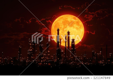 A large red moon is in the sky above a city with many tall buildings 121147849
