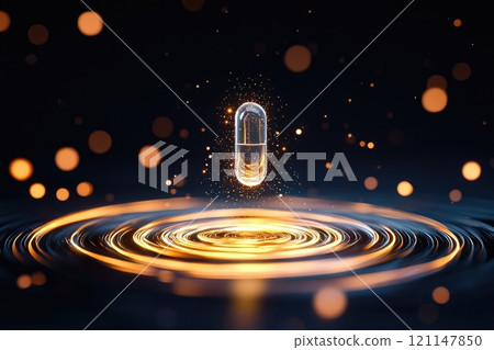 Floating Pill in Center with Sparkles Illuminating Surrounding Water Ripples 121147850