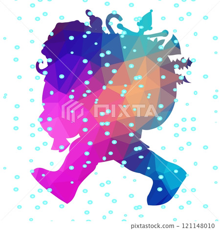 A vibrant silhouette of a character in motion is depicted with an array of geometric shapes. A vibrant silhouette of a character in motion is depicted with an array of geometric shapes. 121148010