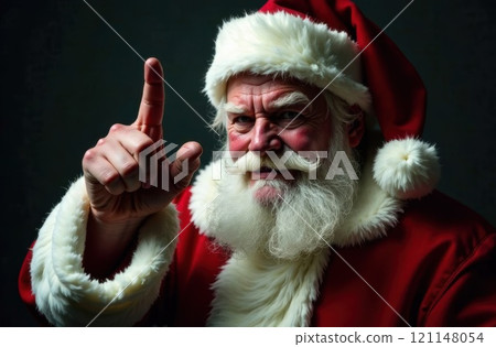 A serious Santa Claus with a white beard and red suit raises his finger in a warning gesture, portraying authority and wisdom against a dark background 121148054