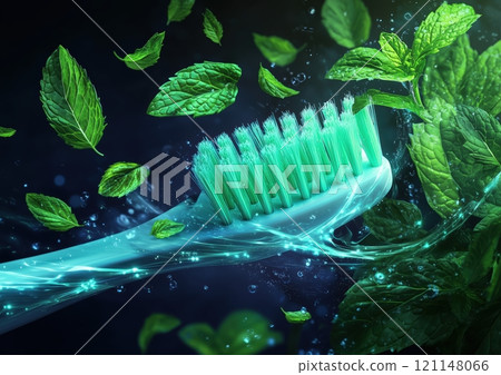 illustration of mint leaves swirling around a bright blue toothbrush 121148066