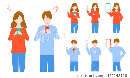 使用智慧型手機的年輕男女插畫集 121148118