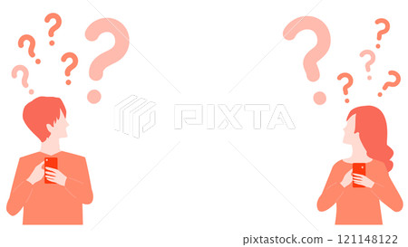 Illustration of a man and woman who have questions while using a smartphone 121148122