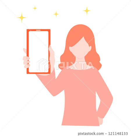 Illustration of a woman showing her smartphone 121148133