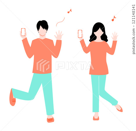 Illustration of a man and woman holding a smartphone 121148141