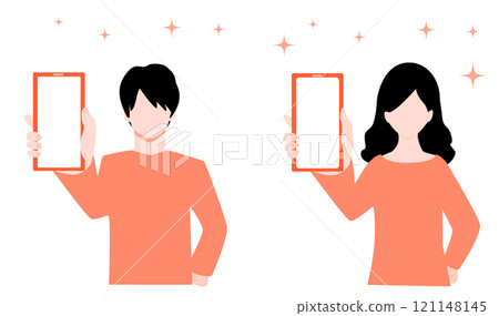 手繪插圖，展示一名年輕男女展示他們的智慧型手機螢幕 121148145