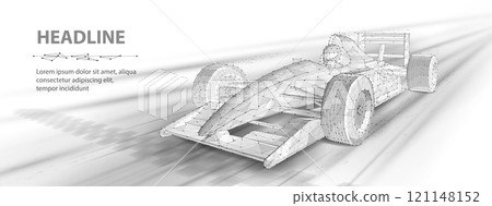 Formula One f1. Abstract vector 3d f 1 bolide rasecar on speedway. Fast motion. Finish line. Success in competition, rase winner, business win concept. 121148152