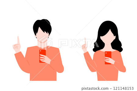 一名年輕男女使用智慧型手機解釋上半身的插圖 一名年輕男女使用智慧型手機解釋上半身的插圖 121148153