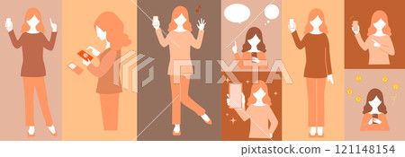 使用智慧型手機的女性插畫集 121148154