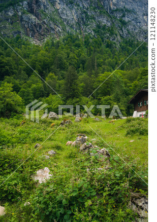 Konigssee Lake in Bavaria Germany with Church by the Lake White Boat Forested Mountain and Beautiful Sunny Trekking in Berchtesgaden German Alps. High quality photo 121148230