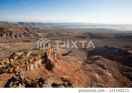 Monument rock view, Mangystau region landscape, Kokesem area, Kazakhstan. 121148233