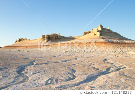 Kyzylkup area landscape, Mangystau desert. Rock strata formations Kyzylkup area landscape, Mangystau desert. Rock strata formations 121148252