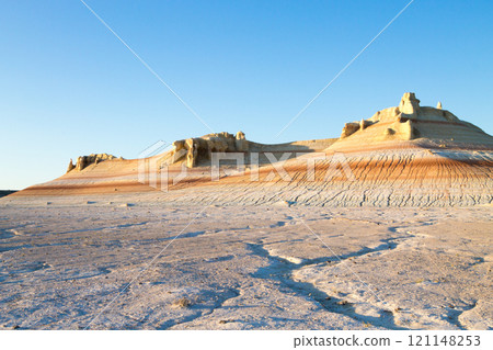 Kyzylkup area landscape, Mangystau desert. Rock strata formations 121148253