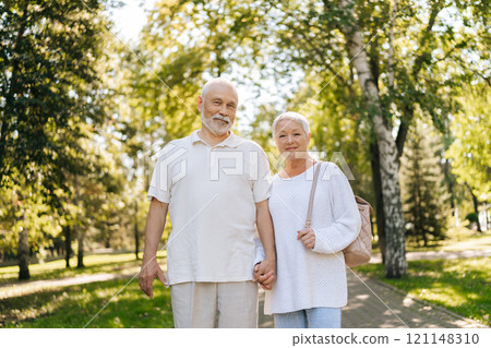 Portrait of pretty senior couple enjoying sunny day in green summer park, smiling looking at camera and holding hands, embodying love and happiness in retirement. Concept of retirement life. 121148310