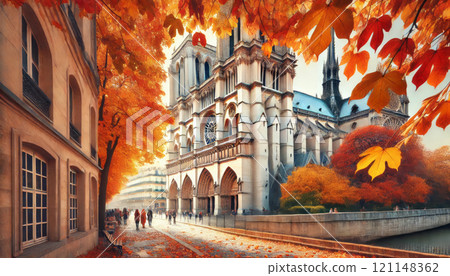 Notre Dame Cathedral with vibrant autumn foliage 121148362