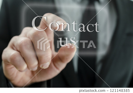 Businessman hand pressing Contact us button on touch screen Businessman hand pressing Contact us button on touch screen 121148385