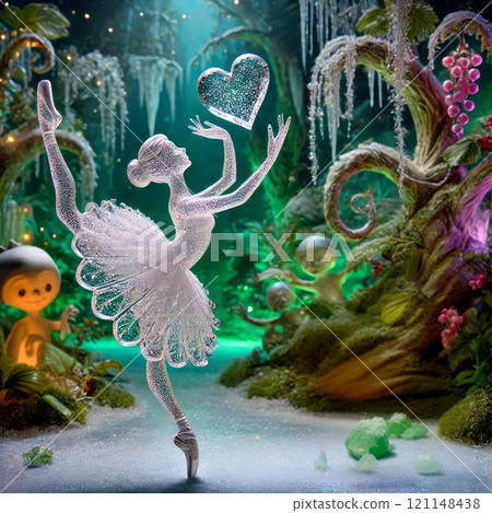 Crystal Ballerina with Heart in Enchanted Forest of Glowing Magical Creatures 121148438
