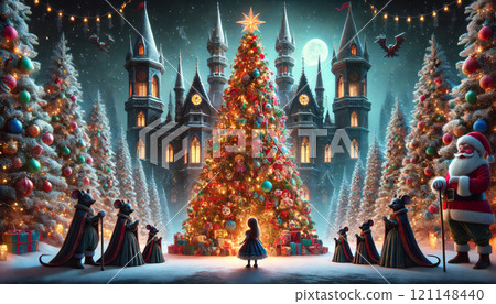 Little Girl Admiring Christmas Tree in Fairy Tale Castle Scene 121148440