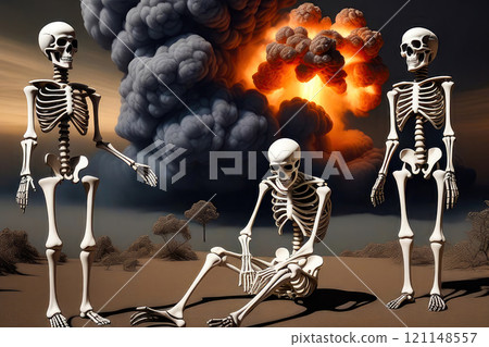 There are human skeletons in the background of a nuclear explosion. The concept of apocalypse, the end of the world. . High quality illustration 121148557