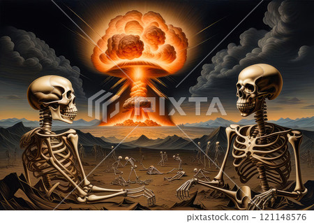 There are human skeletons in the background of a nuclear explosion. The concept of apocalypse, the end of the world. . High quality illustration There are human skeletons in the background of a nuclear explosion. The concept of apocalypse, the end of the world. . High quality illustration 121148576