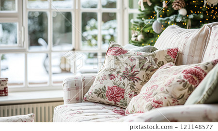 Colorful pillows on sofa against glass wall of window in a winter garden or conservatory. Interior textile concept. High quality photo Colorful pillows on sofa against glass wall of window in a winter garden or conservatory. Interior textile concept. High quality photo 121148577