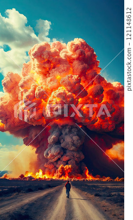 Terrible explosion of a nuclear bomb with a mushroom with road at night. Hydrogen bomb test. Nuclear catastrophe. Way to nuclear war. high quality illustration 121148612